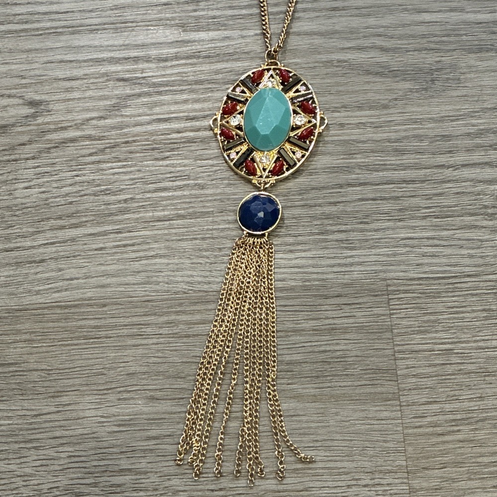 Bold Elegance Heavy Gold Tone Chain Glass Pendant Necklace w/Tassels 5/16-10
